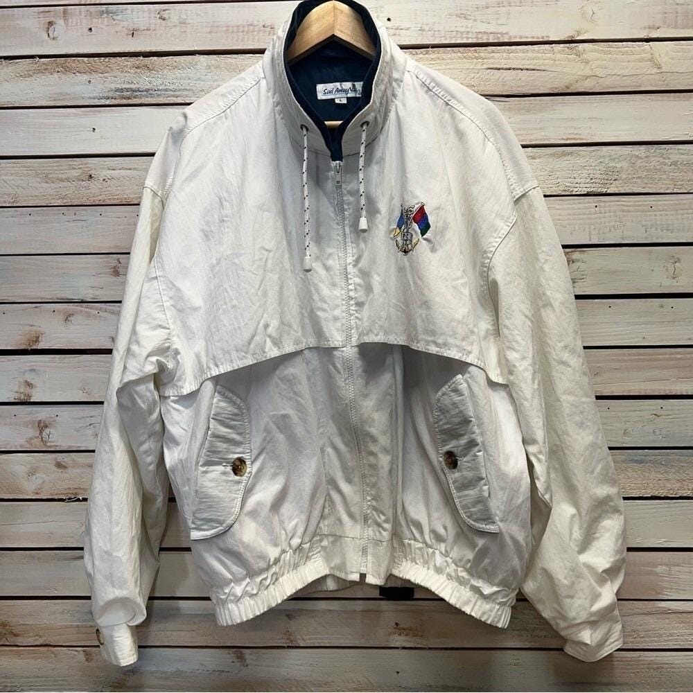 Vintage Sail Away White Cotton‎ Blend Nautical Windbreaker Yachting Jacket Large